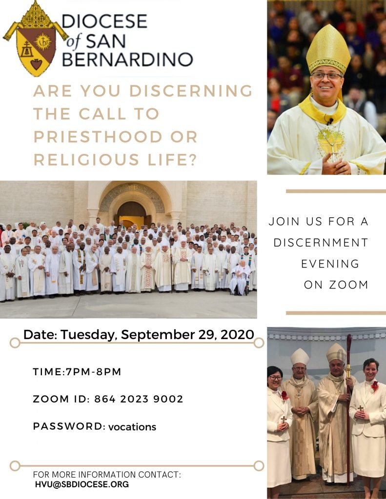 Discernment Evening via zoom on Sept. 29 at 7 p.m. Email hvu@sbdiocese.org for info.